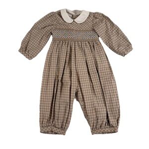 Vintage Little Diamonds Girls Smocked Baby Romper with Peter Pan Collar - Beige